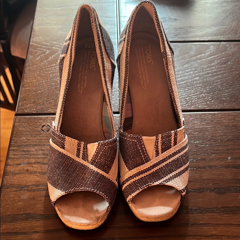 Toms Brown and Cream Wedge Shoes with Peep-Toe Design